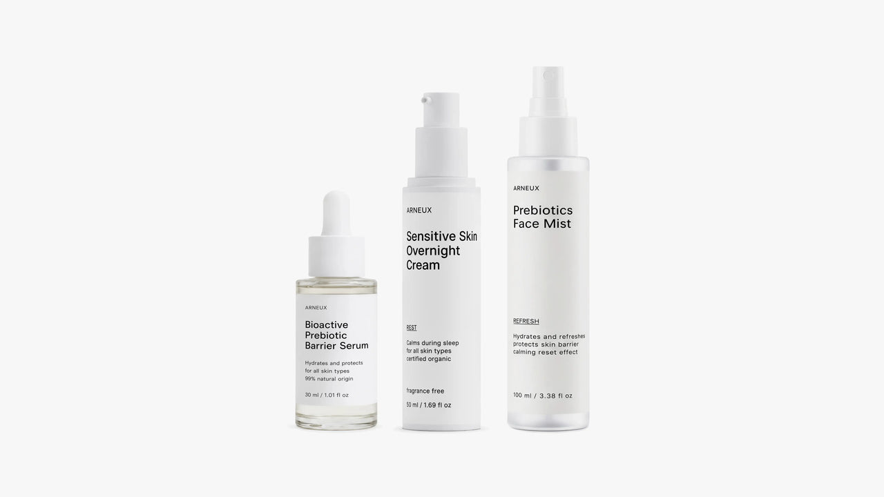 FORTIFY Skin Barrier Routine by ARNEUX, organic prebiotic serum, fragrance free overnight cream and hydrating mist