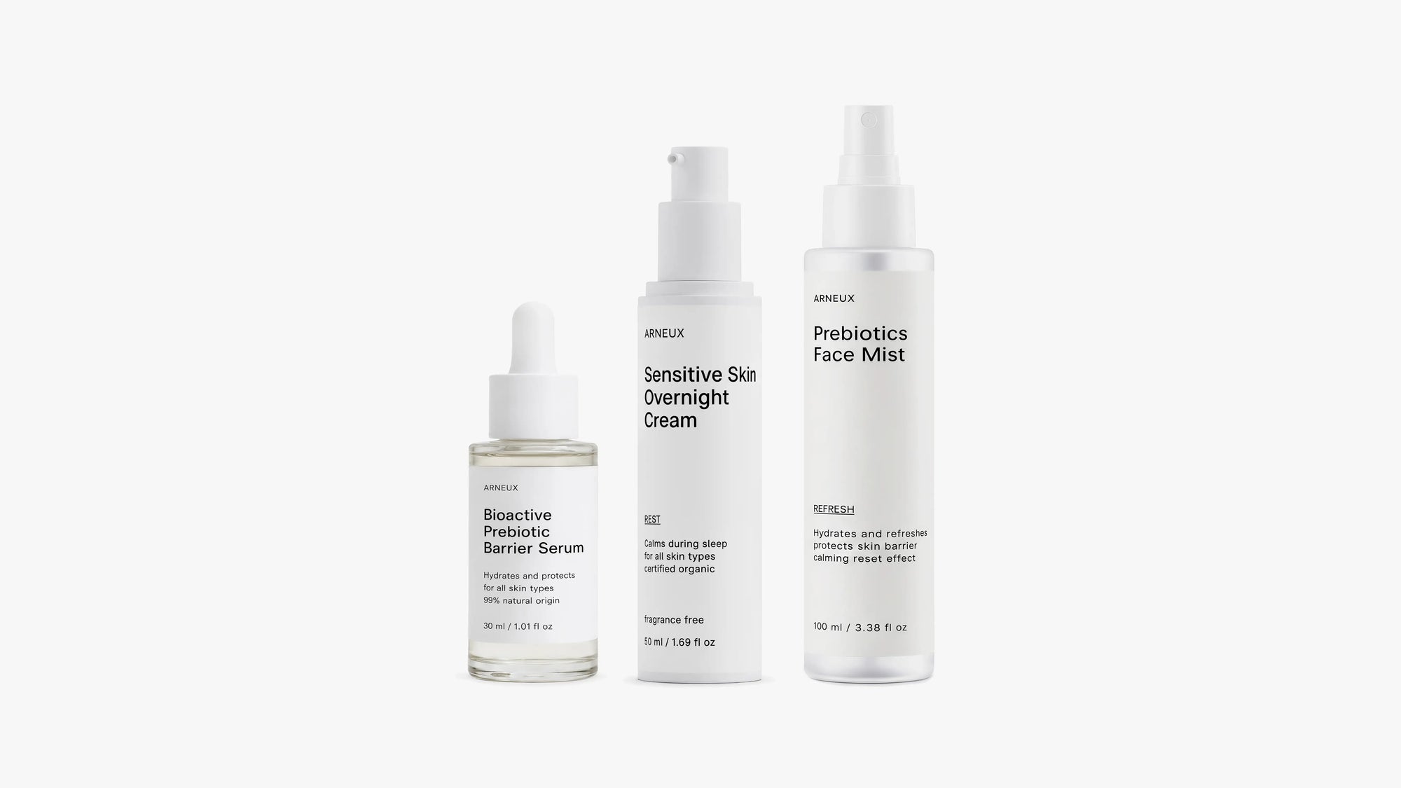 FORTIFY Skin Barrier Routine by ARNEUX, organic prebiotic serum, fragrance free overnight cream and hydrating mist