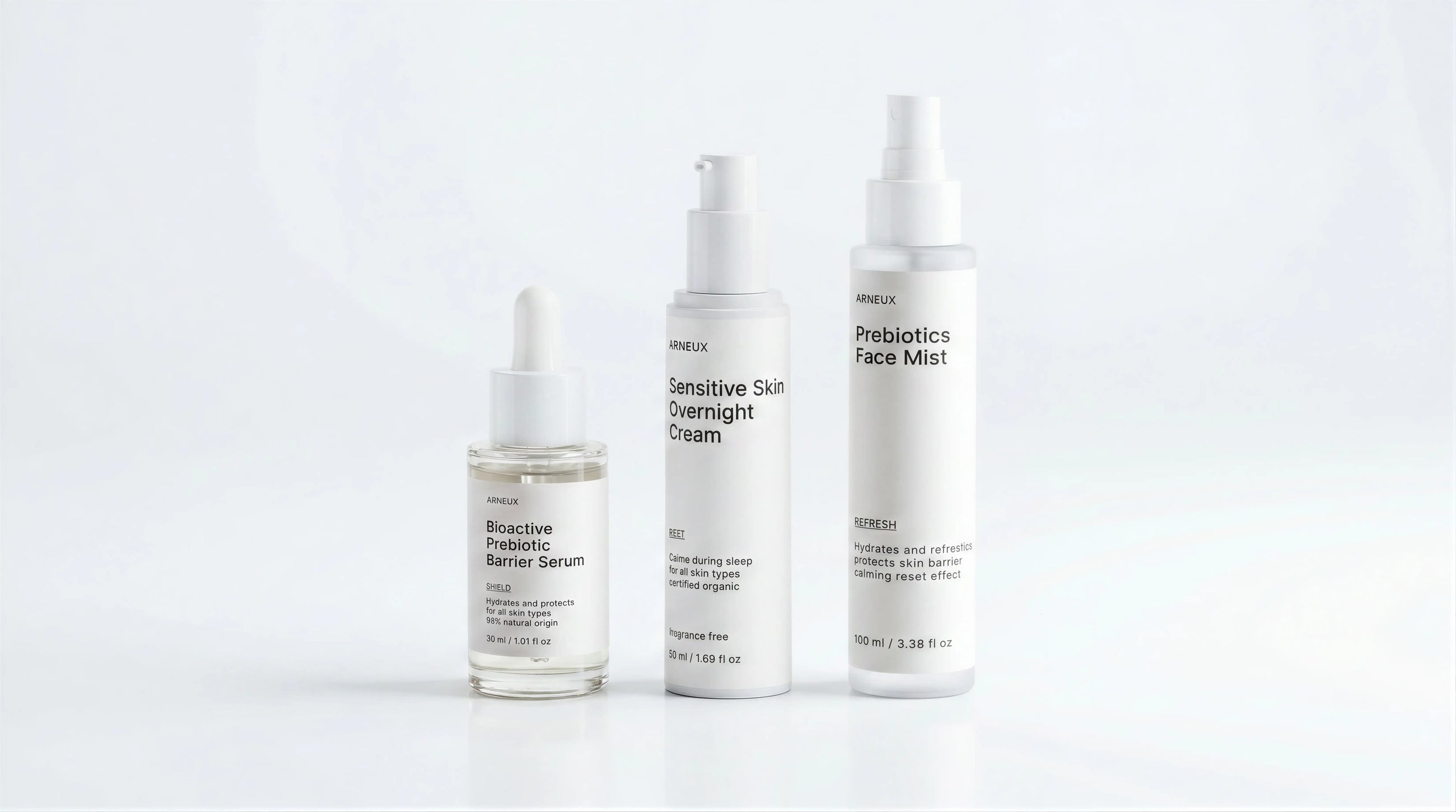 FORTIFY Skin Barrier Routine by ARNEUX, organic prebiotic serum, fragrance free overnight cream and hydrating mist