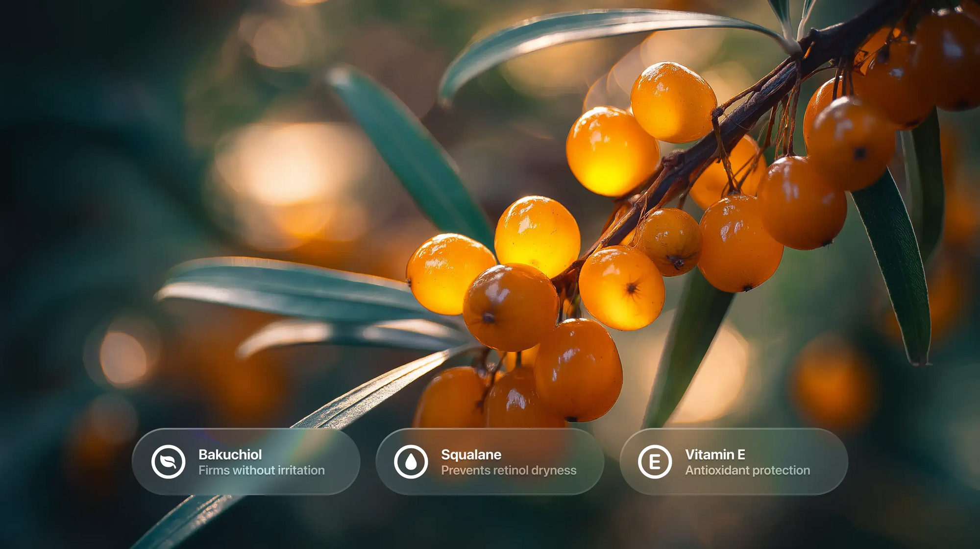 Golden sea buckthorn berries on branch with bakuchiol, squalane and vitamin E ingredient callouts