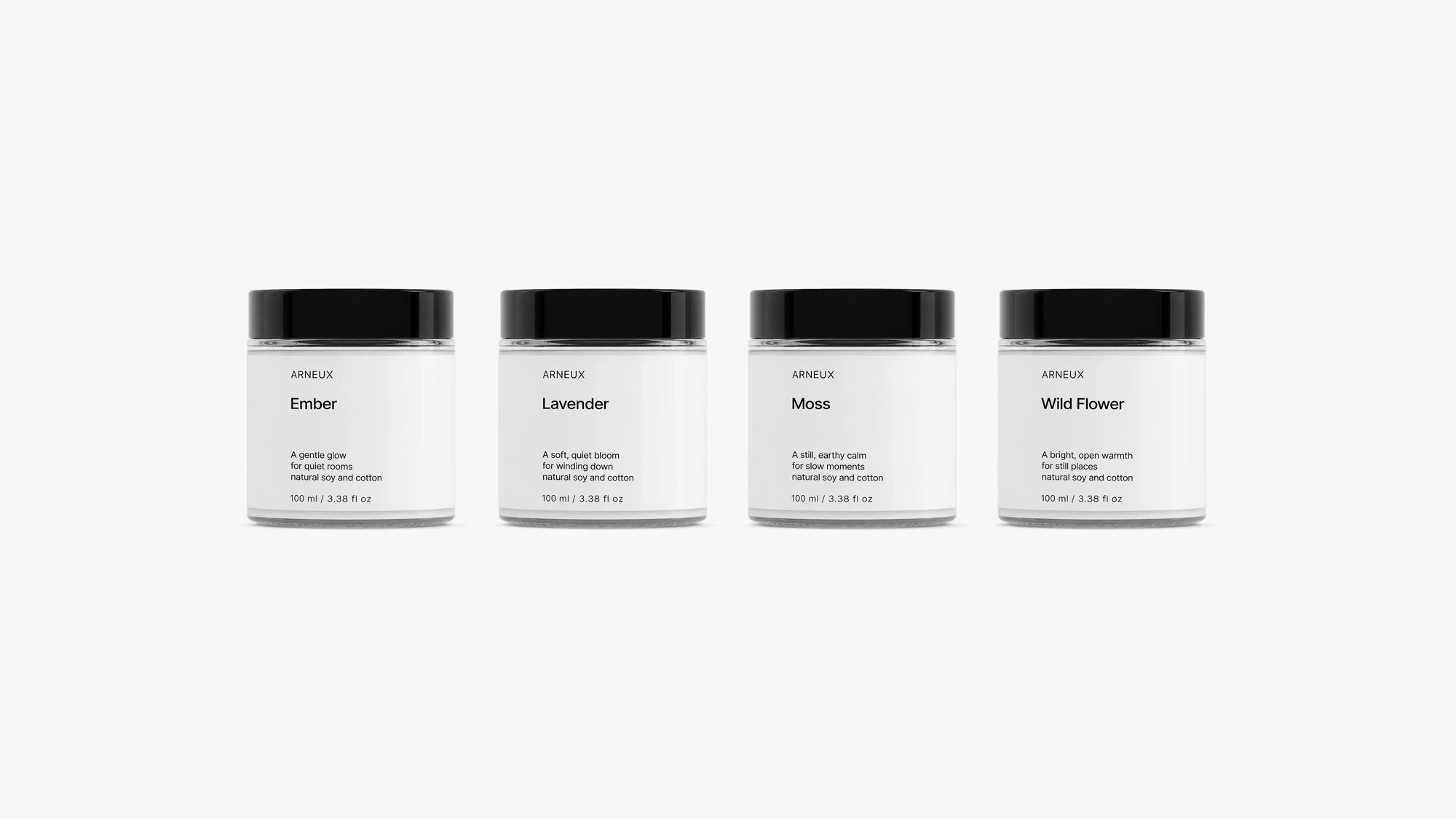 ILLUMINATE Travel Candle Set by ARNEUX, four natural soy wax candles in Ember, Lavender, Moss and Wild Flower