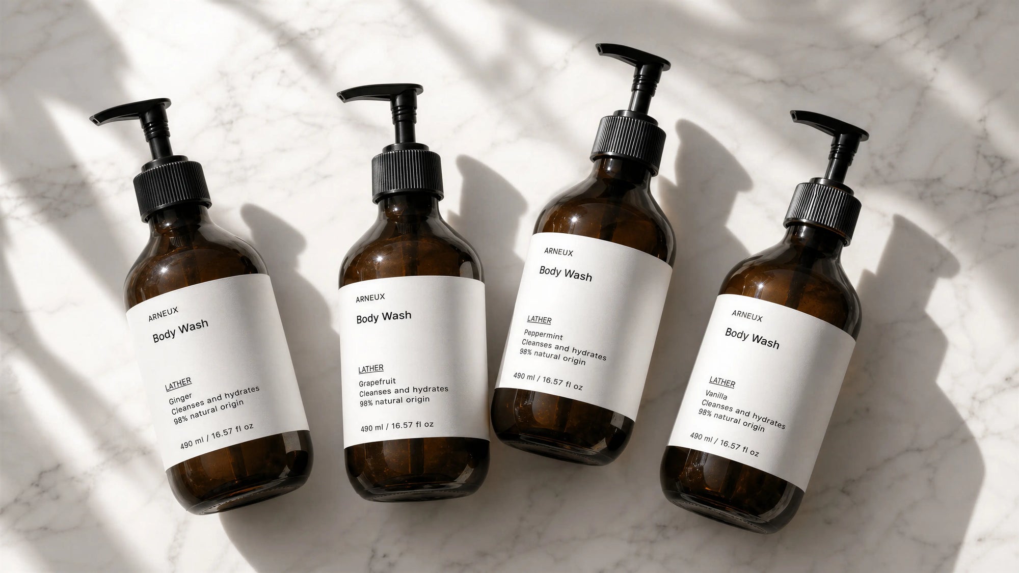 ARNEUX INDULGE organic body wash collection lifestyle shot, COSMOS certified shower routine
