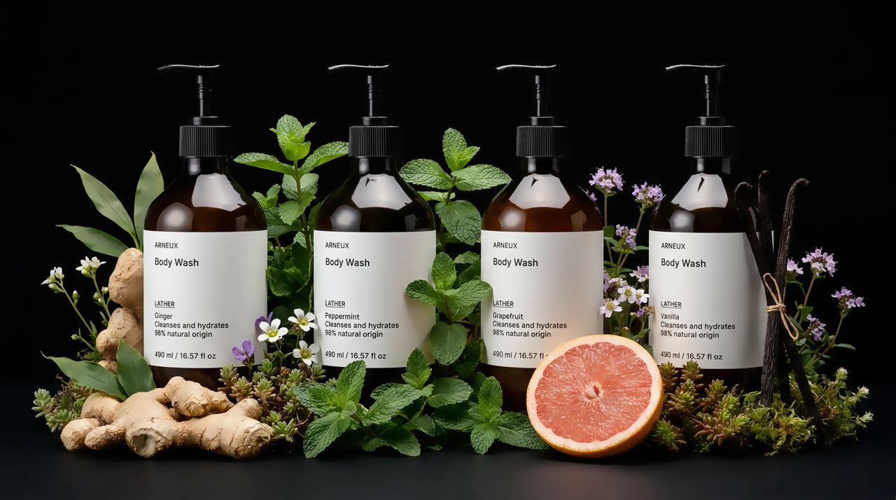 ARNEUX INDULGE body wash set with grapefruit and botanical ingredients on dark background