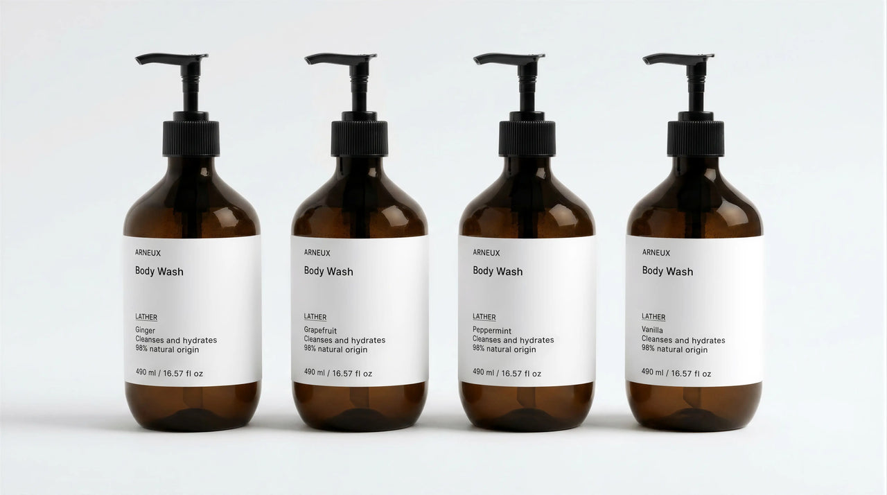 INDULGE The Shower Edit by ARNEUX, four organic body wash scents in amber bottles on white background