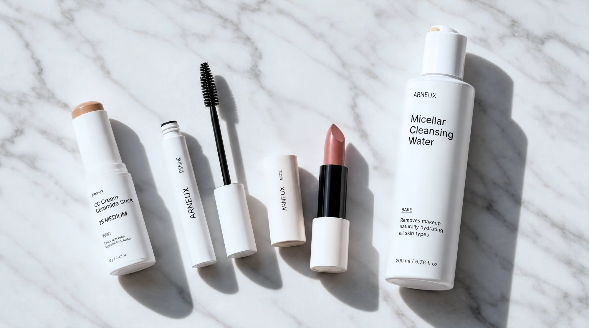 ARNEUX READY organic everyday makeup routine lifestyle shot, CC cream, mascara and lipstick, COSMOS certified