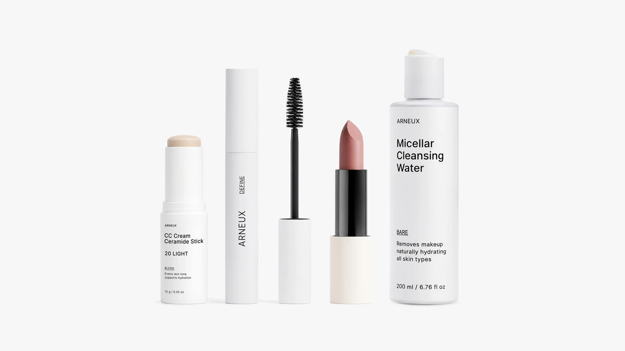 READY Everyday Makeup Routine by ARNEUX, organic CC cream, mascara, lipstick and micellar water set