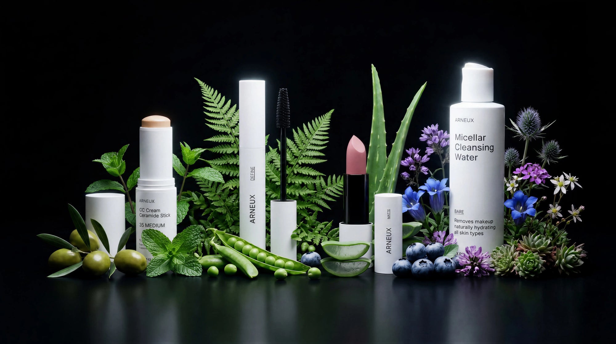 ARNEUX READY organic makeup routine with botanical ingredients on dark background, COSMOS certified
