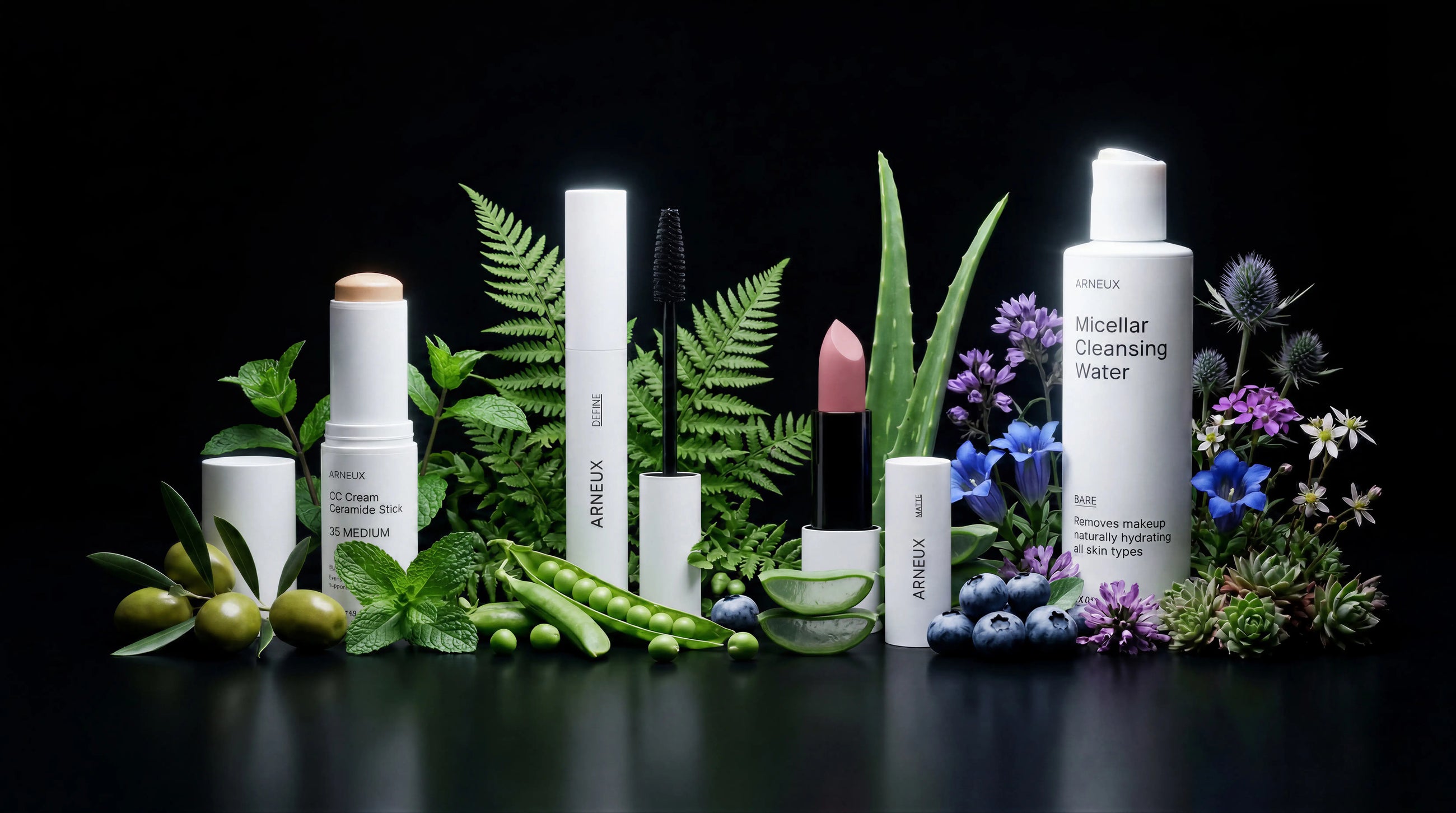 ARNEUX READY organic makeup routine with botanical ingredients on dark background, COSMOS certified