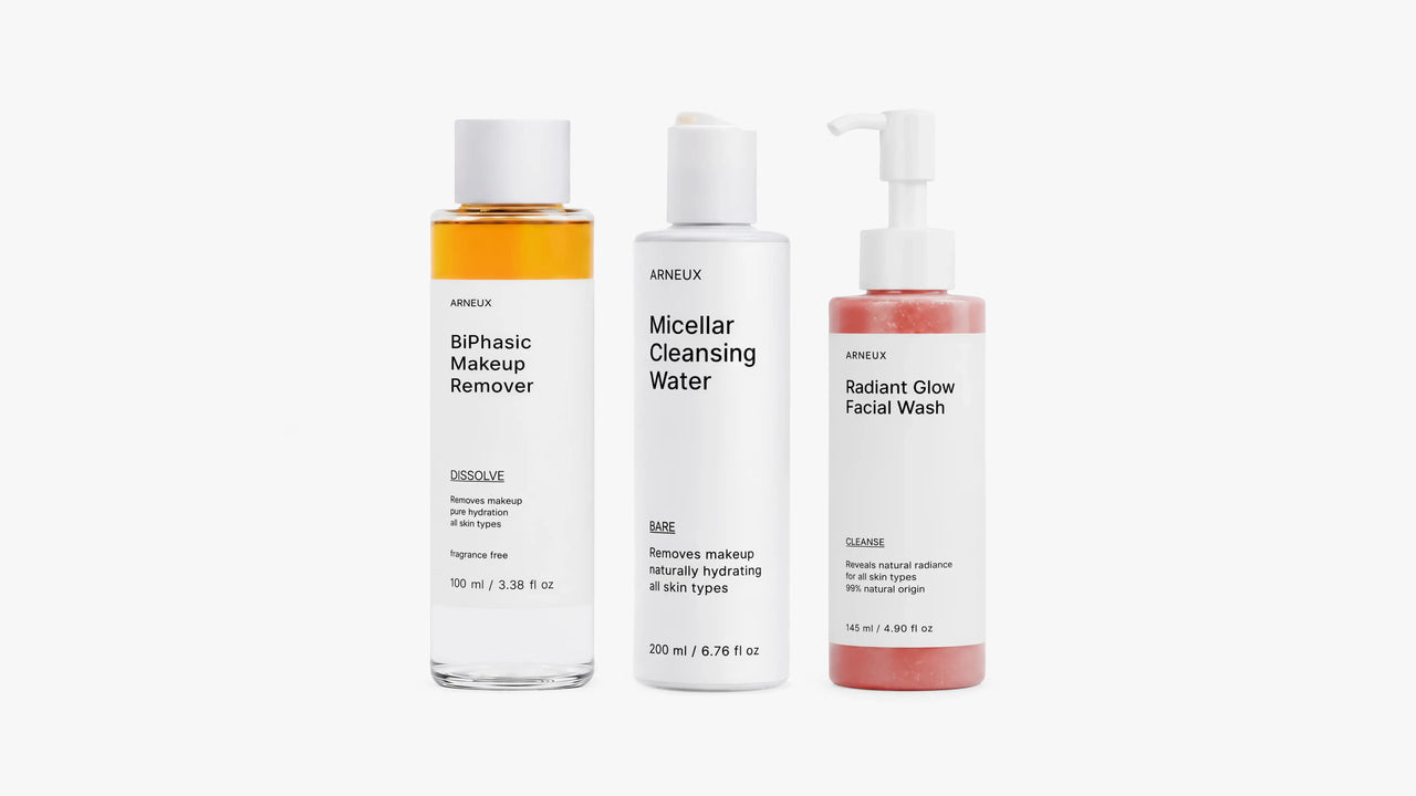 REMOVE Complete Double Cleanse Routine by ARNEUX, organic biphasic makeup remover, micellar water and facial wash