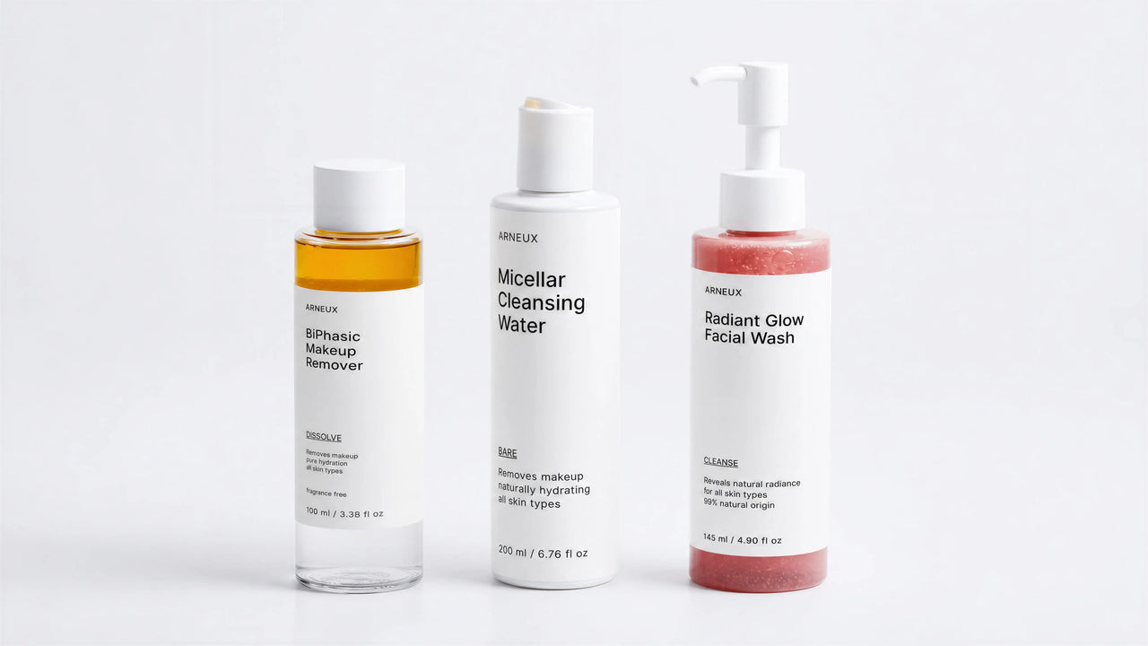 REMOVE Complete Double Cleanse Routine by ARNEUX, organic biphasic makeup remover, micellar water and facial wash