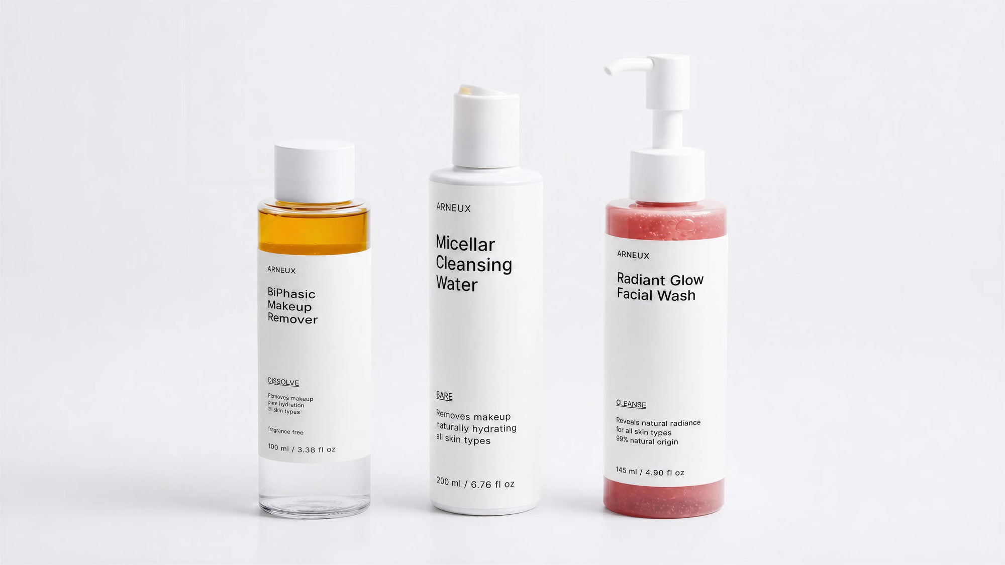 REMOVE Complete Double Cleanse Routine by ARNEUX, organic biphasic makeup remover, micellar water and facial wash