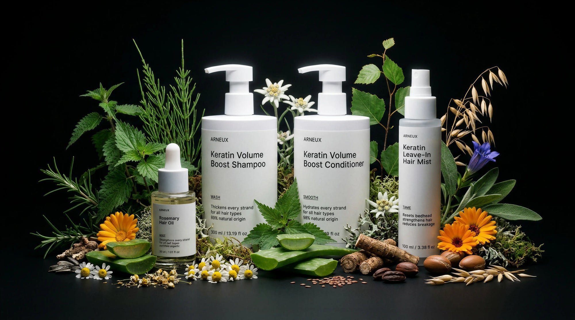 ARNEUX RESTORE hair system surrounded by rosemary and botanical ingredients on dark background