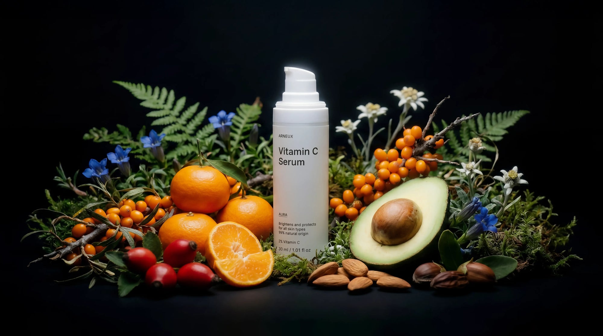 AURA vitamin C serum bottle with oranges, sea buckthorn, avocado, rosehips and ferns on black
