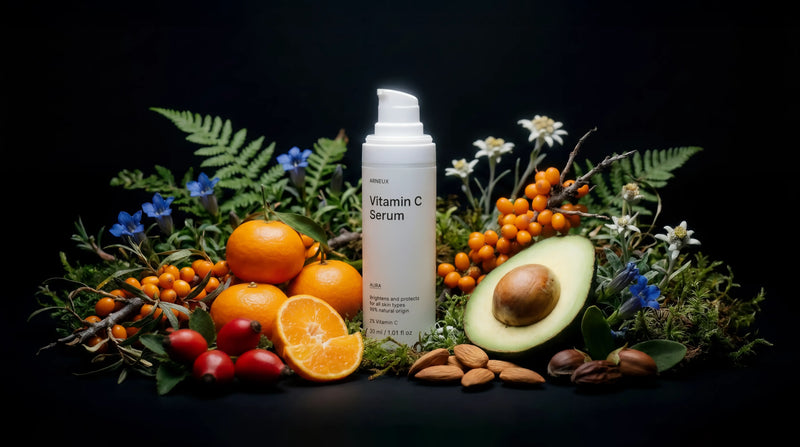 AURA vitamin C serum bottle with oranges, sea buckthorn, avocado, rosehips and ferns on black