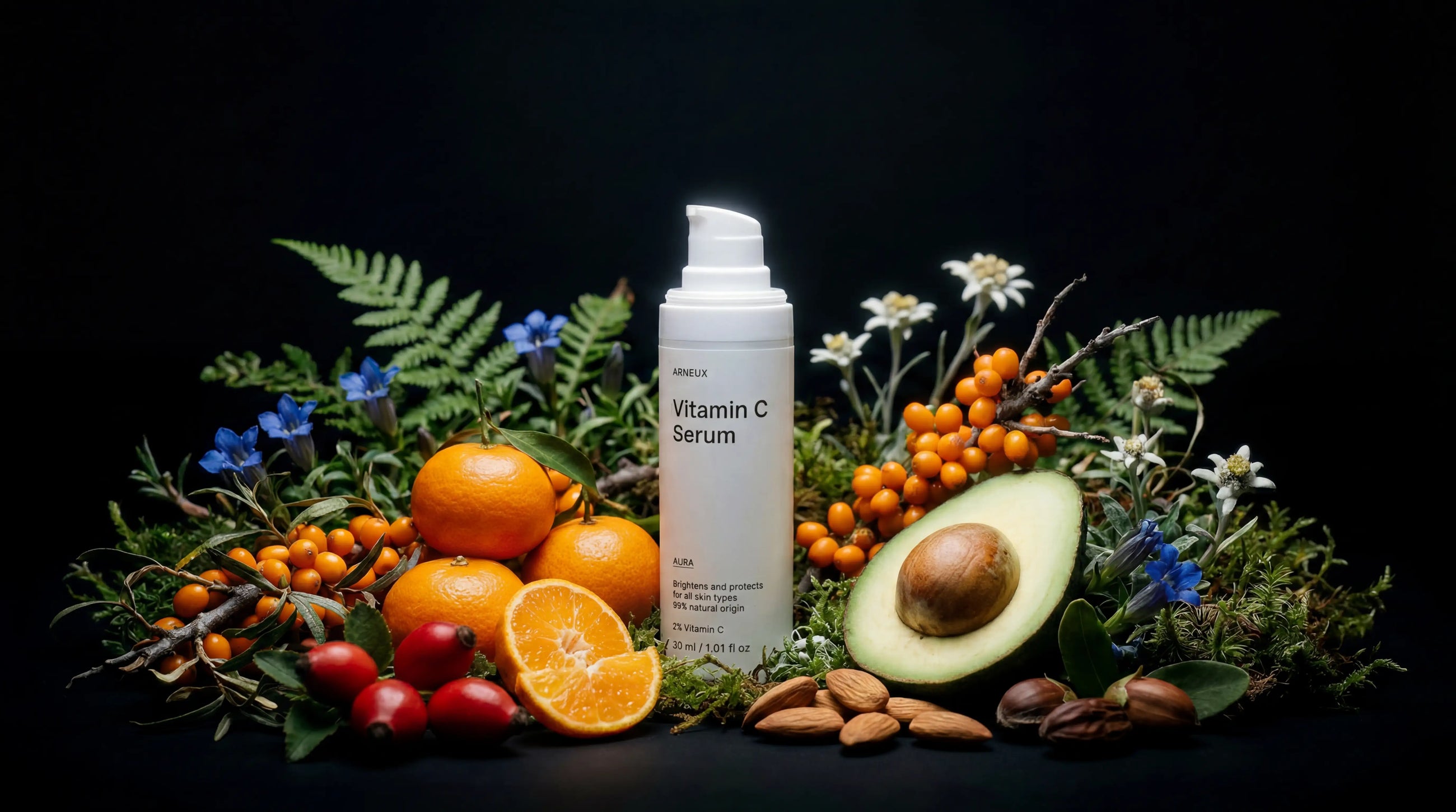AURA vitamin C serum bottle with oranges, sea buckthorn, avocado, rosehips and ferns on black