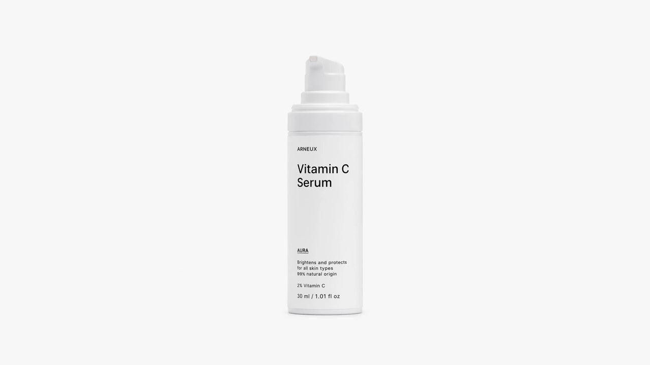 Arneux AURA vitamin C serum pump bottle, front label on white background