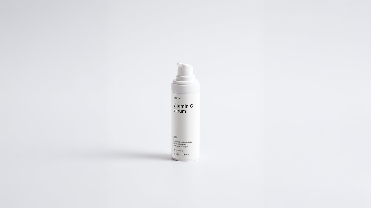 Arneux AURA vitamin C serum pump bottle, front label on white background
