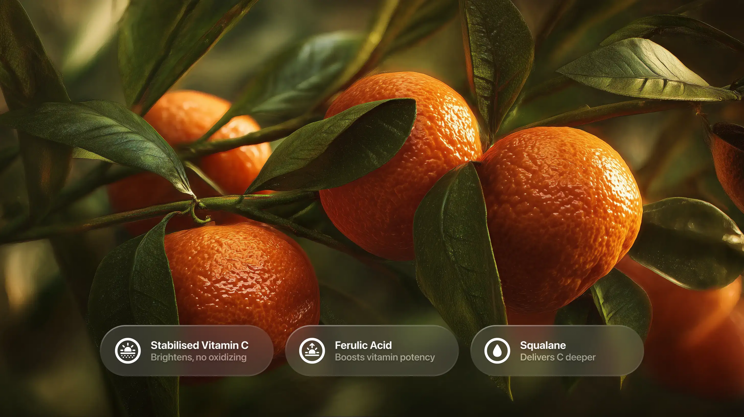 Oranges on branch with stabilized vitamin C, ferulic acid and squalane ingredient callouts