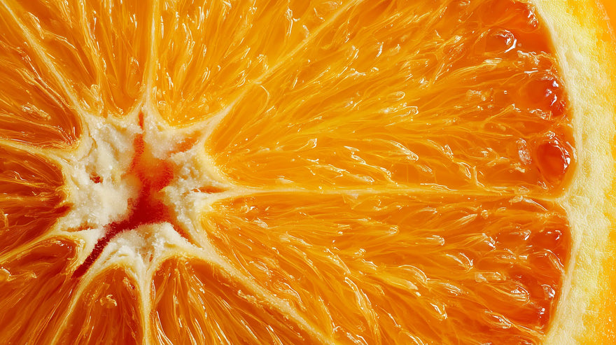 Vibrant orange slice cross-section close-up, natural vitamin C source in AURA brightening serum