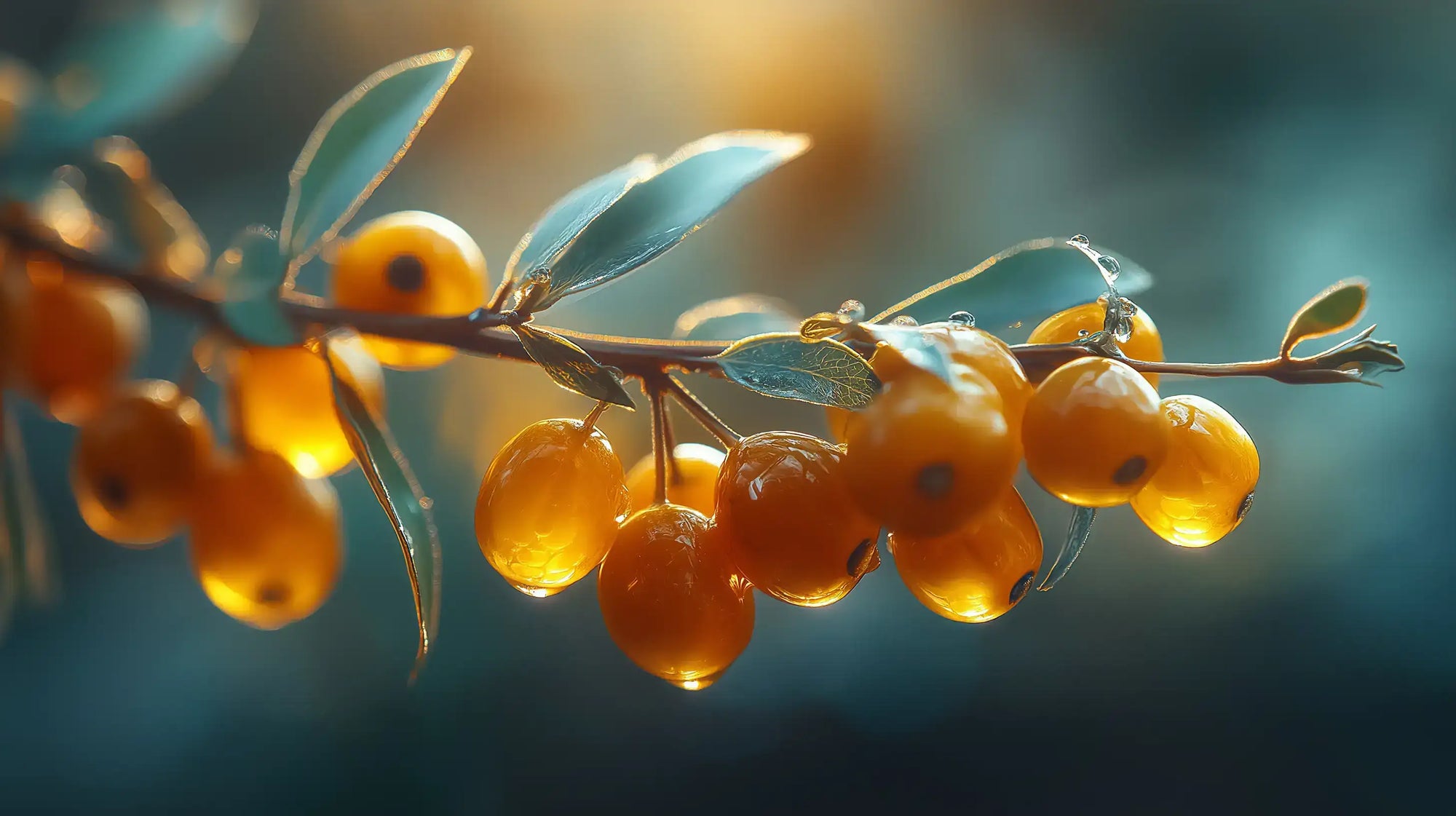 Golden sea buckthorn berries on branch close-up, antioxidant vitamin C ingredient in AURA serum