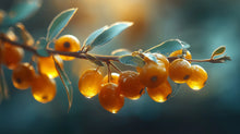 Golden sea buckthorn berries on branch close-up, antioxidant vitamin C ingredient in AURA serum