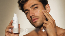 A man applies a golden-yellow serum cream to his cheek while holding a white pump bottle labeled 'Vitamin C Serum' in one hand. Three circular text callouts at the bottom highlight key benefits: stabilised vitamin C targeting dark spots, antioxidant defense, and light absorption with no residue under cream