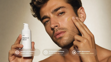 Man tapping AURA vitamin C serum to cheek, stabilized vitamin C antioxidant defense light absorption callouts