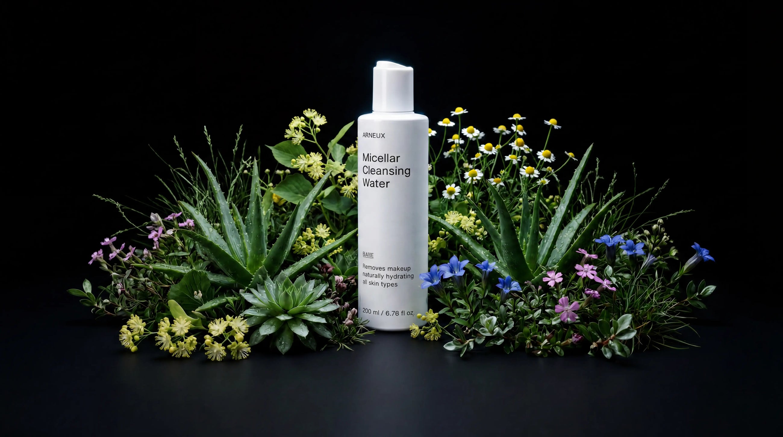 BARE micellar cleansing water bottle nestled in aloe and wildflowers on black background
