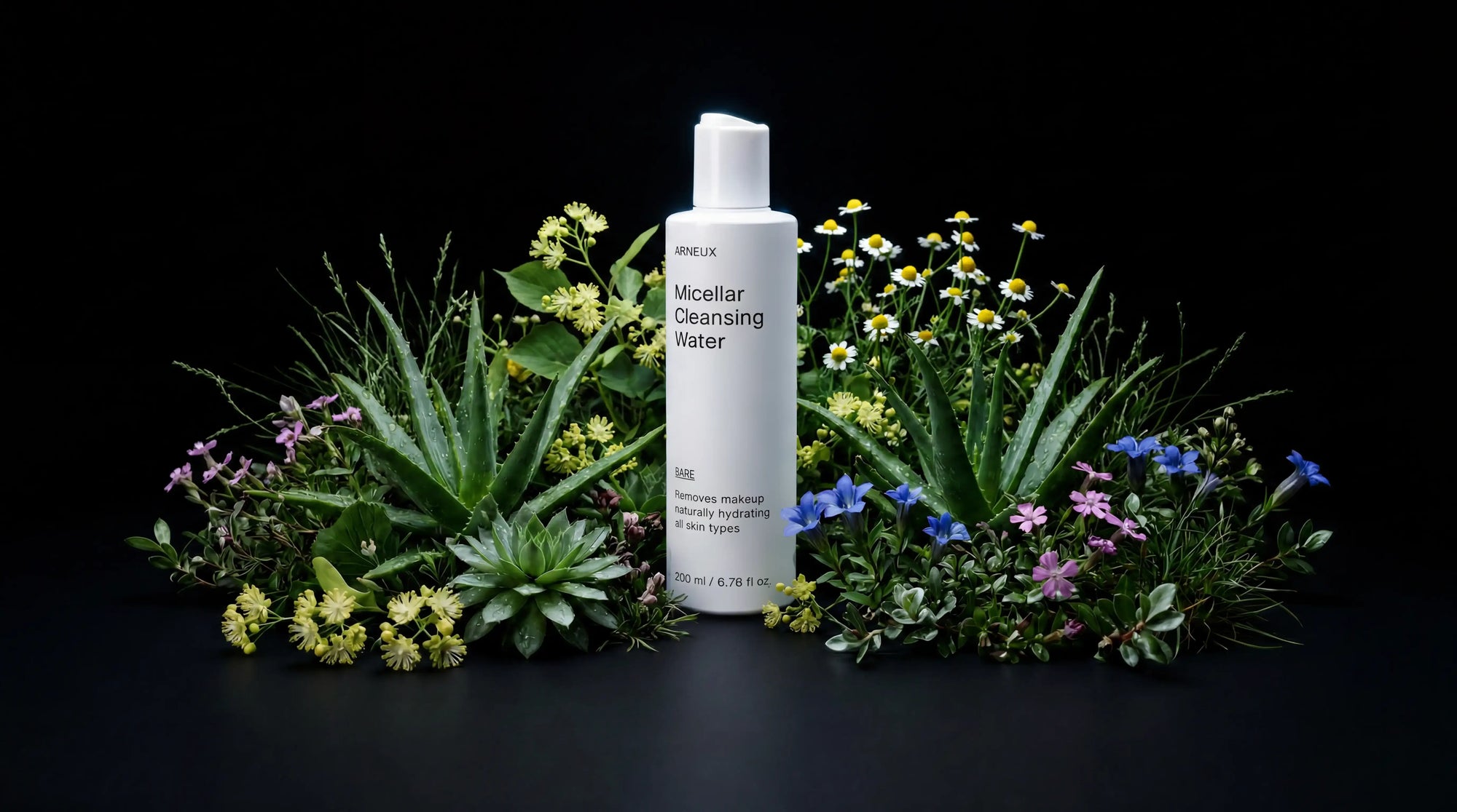 BARE micellar cleansing water bottle nestled in aloe and wildflowers on black background