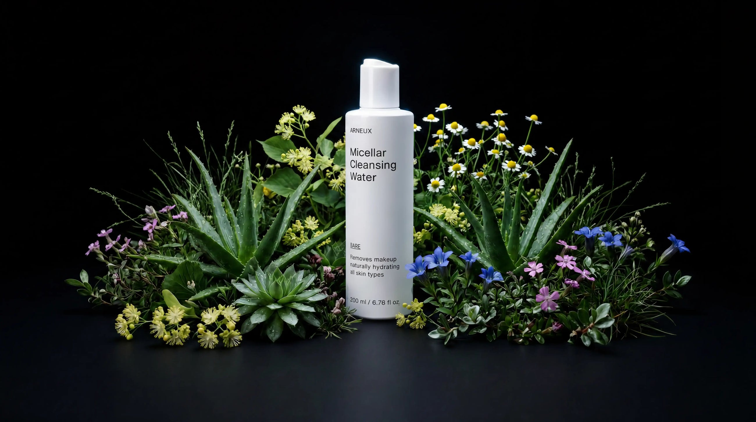 BARE micellar cleansing water bottle nestled in aloe and wildflowers on black background