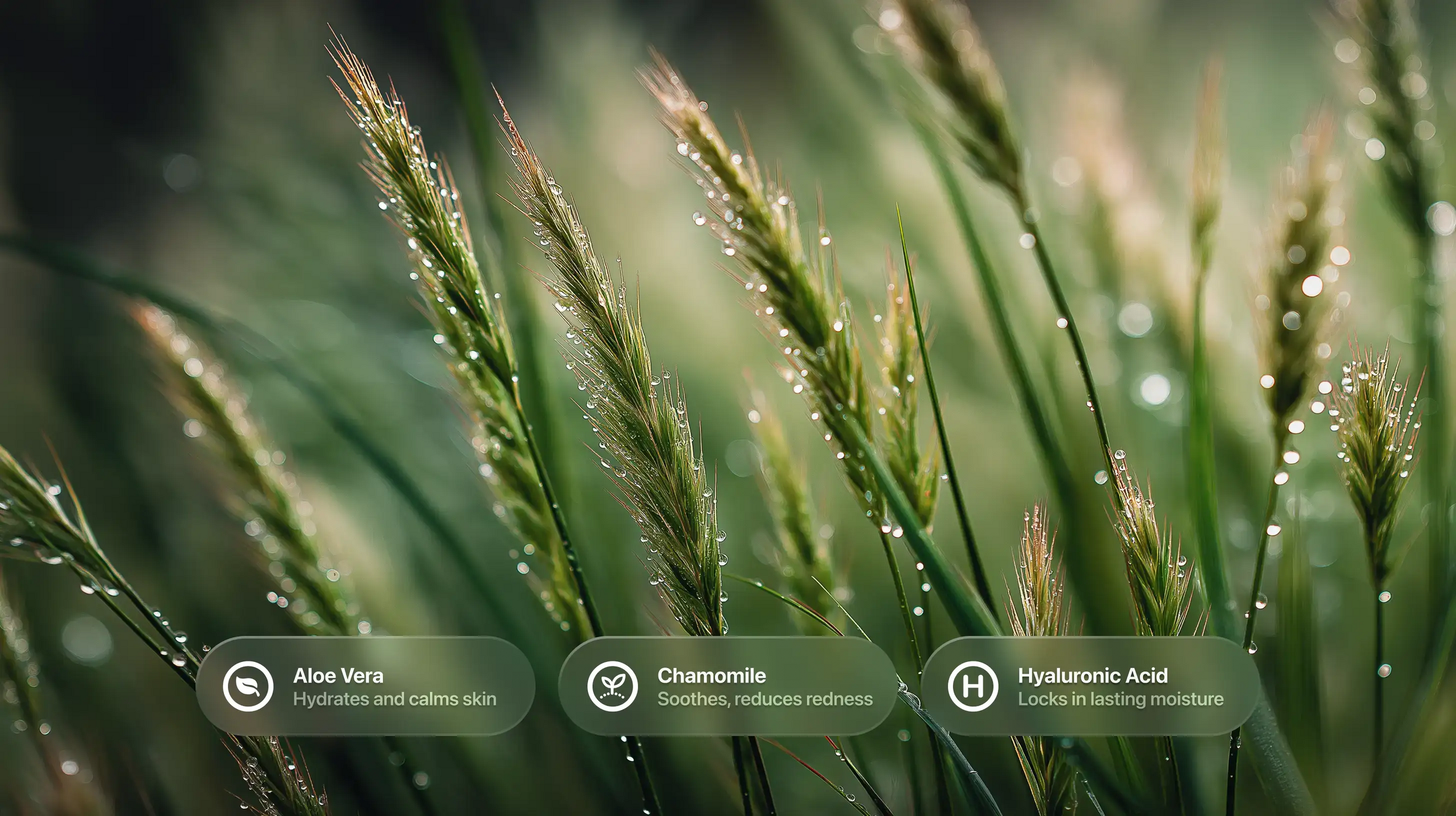 Aloe vera, chamomile and hyaluronic acid ingredient callouts over dewy green wheat stalks