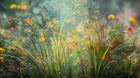 Wild meadow grasses and yellow flowers representing natural botanical origin of micellar water
