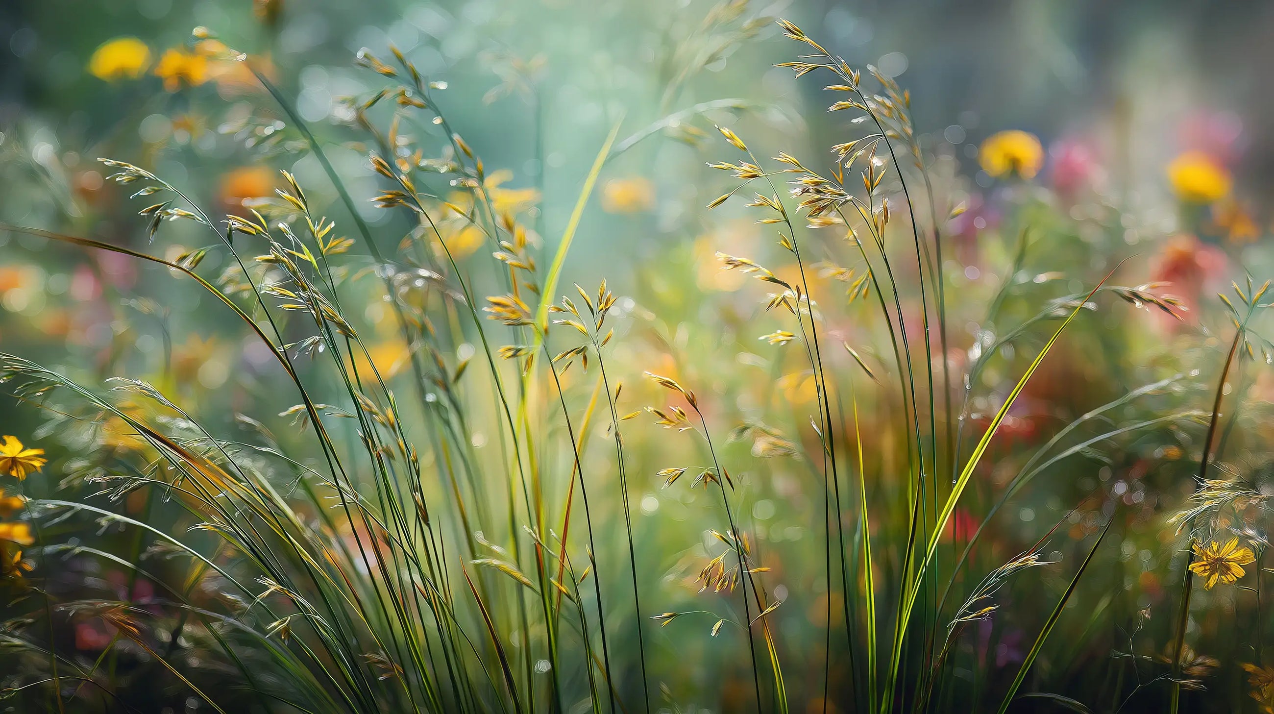 Wild meadow grasses and yellow flowers representing natural botanical origin of micellar water