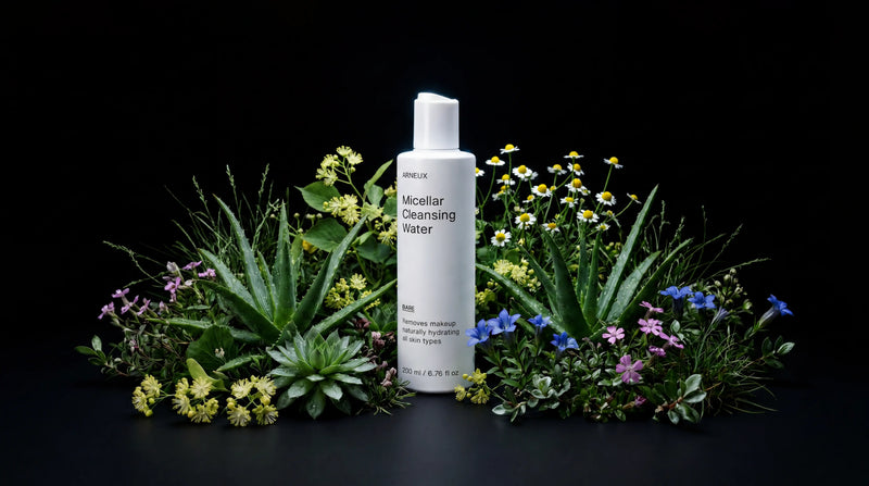 BARE micellar cleansing water bottle nestled in aloe and wildflowers on black background
