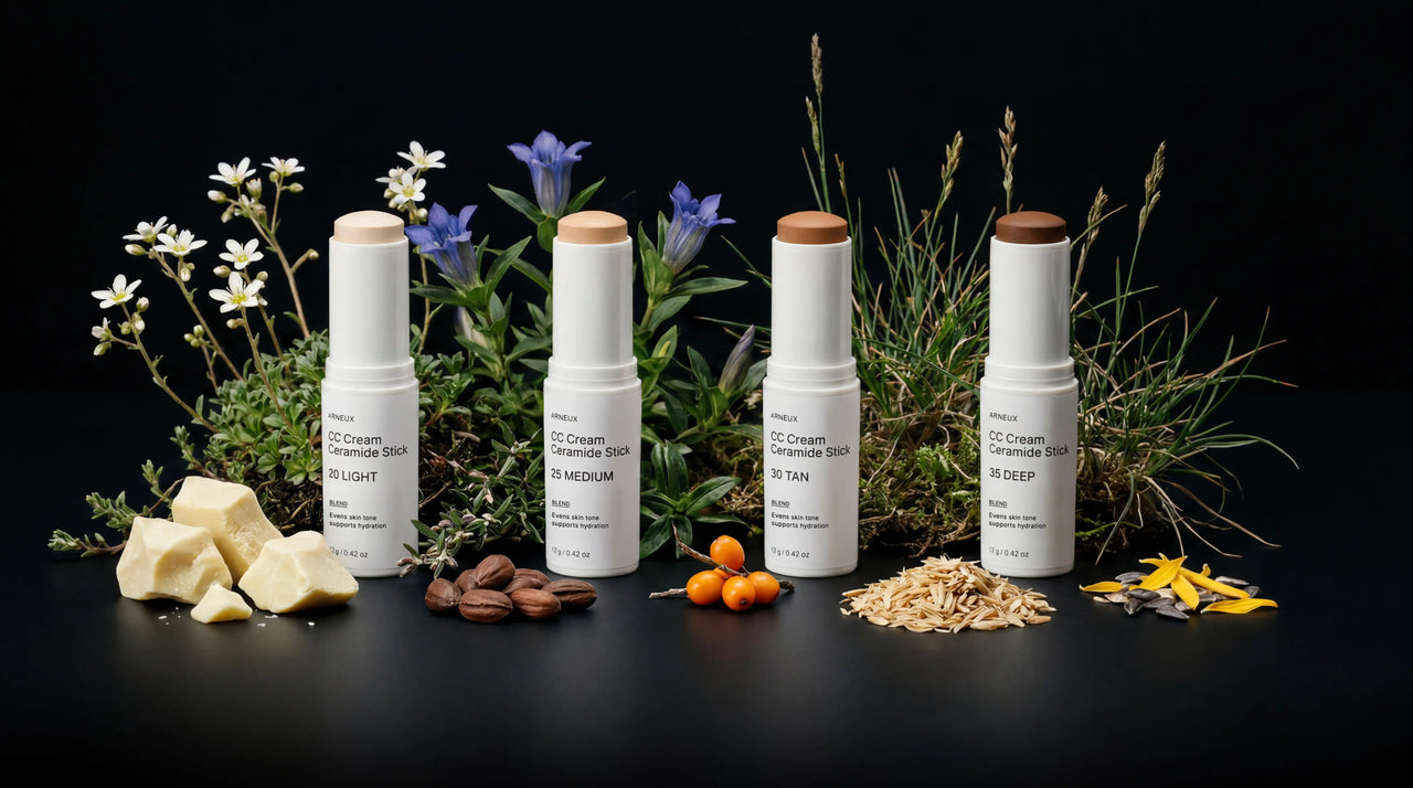 All four BLEND ceramide stick shades with cocoa butter, cacao, sea buckthorn and other ingredients on black