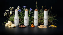 All four BLEND ceramide stick shades with cocoa butter, cacao, sea buckthorn and other ingredients on black
