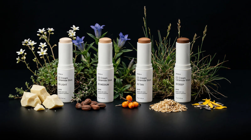 All four BLEND ceramide stick shades with cocoa butter, cacao, sea buckthorn and other ingredients on black