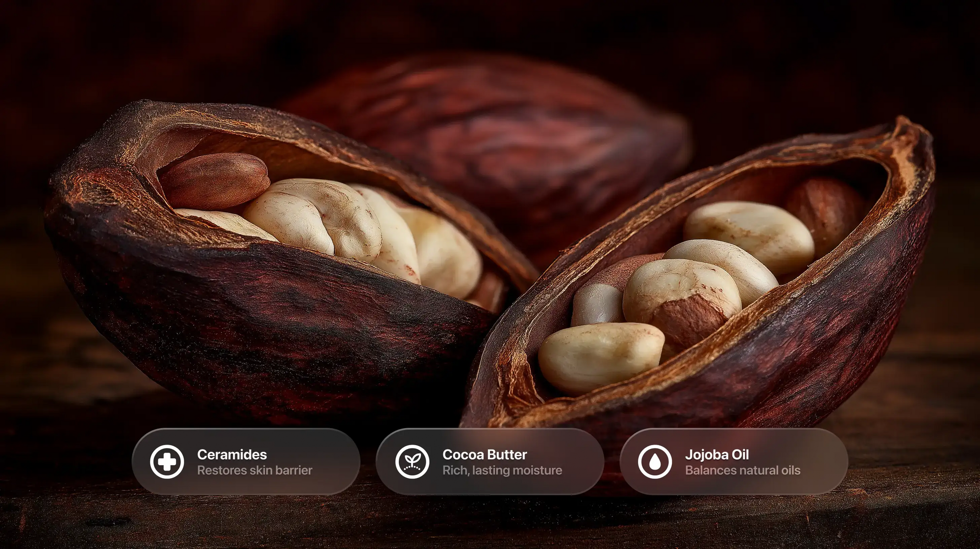 Open cacao pod revealing cocoa beans with ceramides, cocoa butter and jojoba oil ingredient callouts