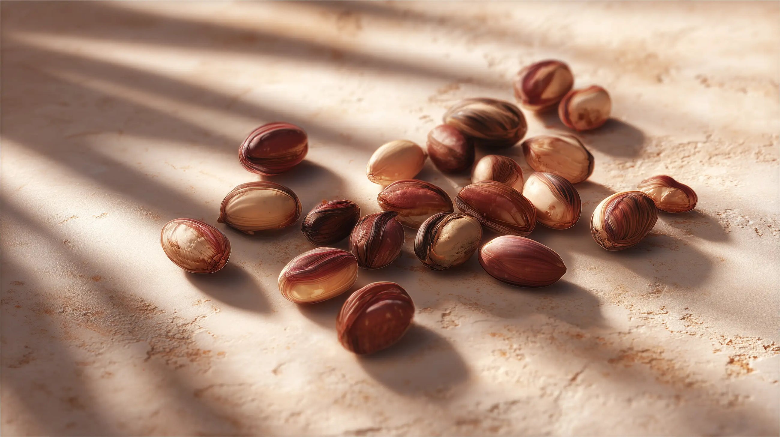 Jojoba seeds scattered on sandy surface in warm light, skin-balancing ingredient in BLEND CC stick