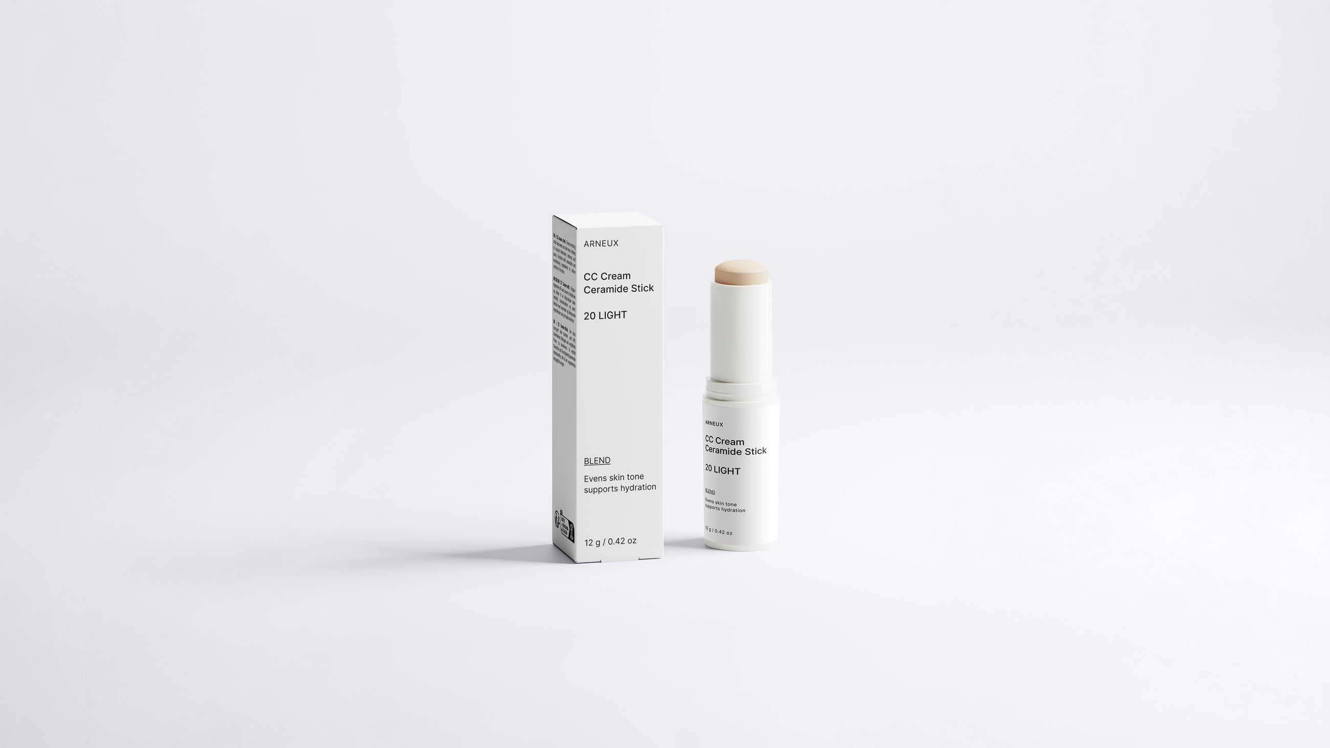 BLEND CC cream ceramide stick and box packaging, shade 20 Light label on grey background