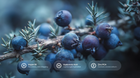 Juniper berries on branch with argan oil, hyaluronic acid and zinc PCA ingredient callouts
