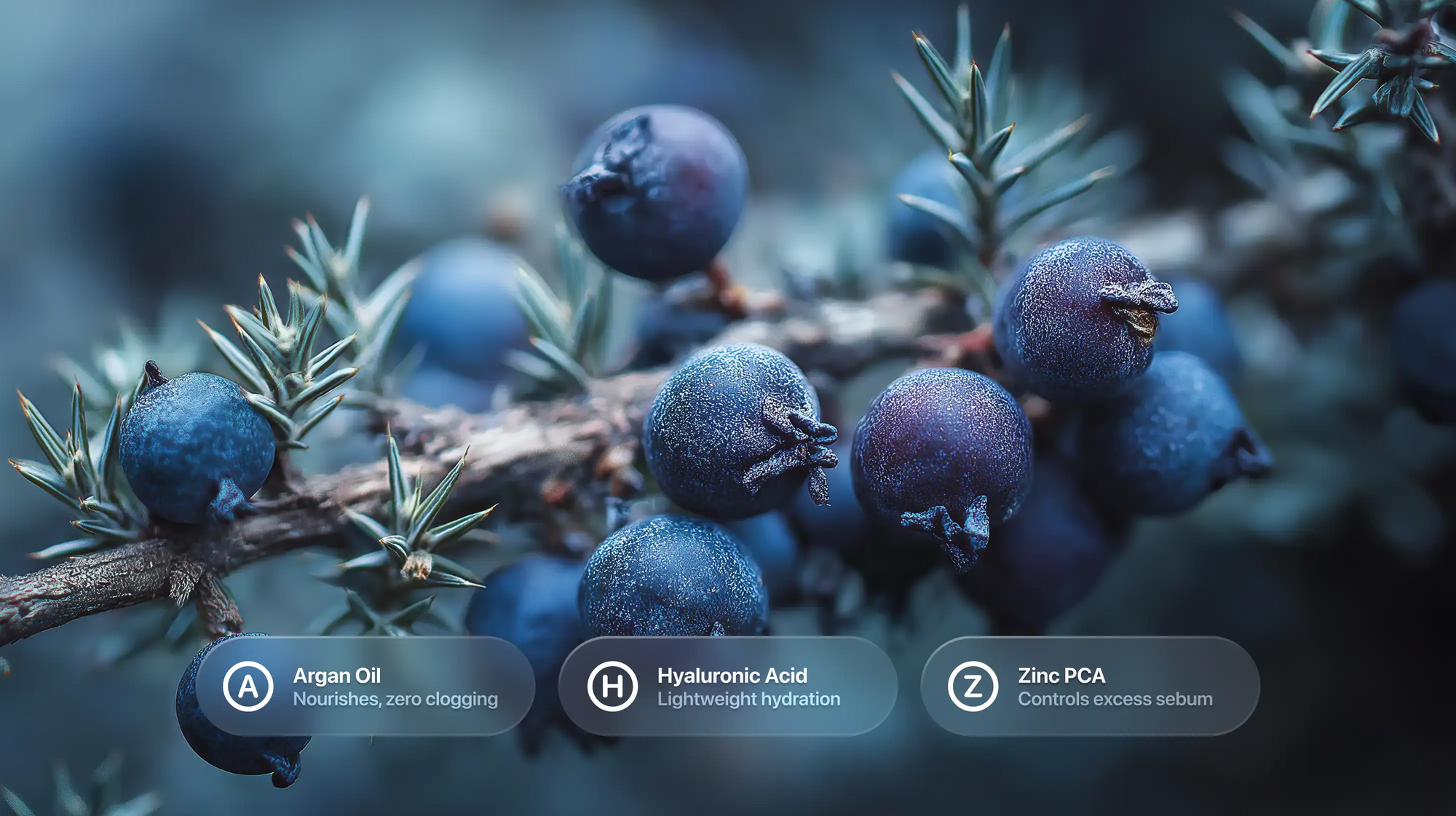 Juniper berries on branch with argan oil, hyaluronic acid and zinc PCA ingredient callouts