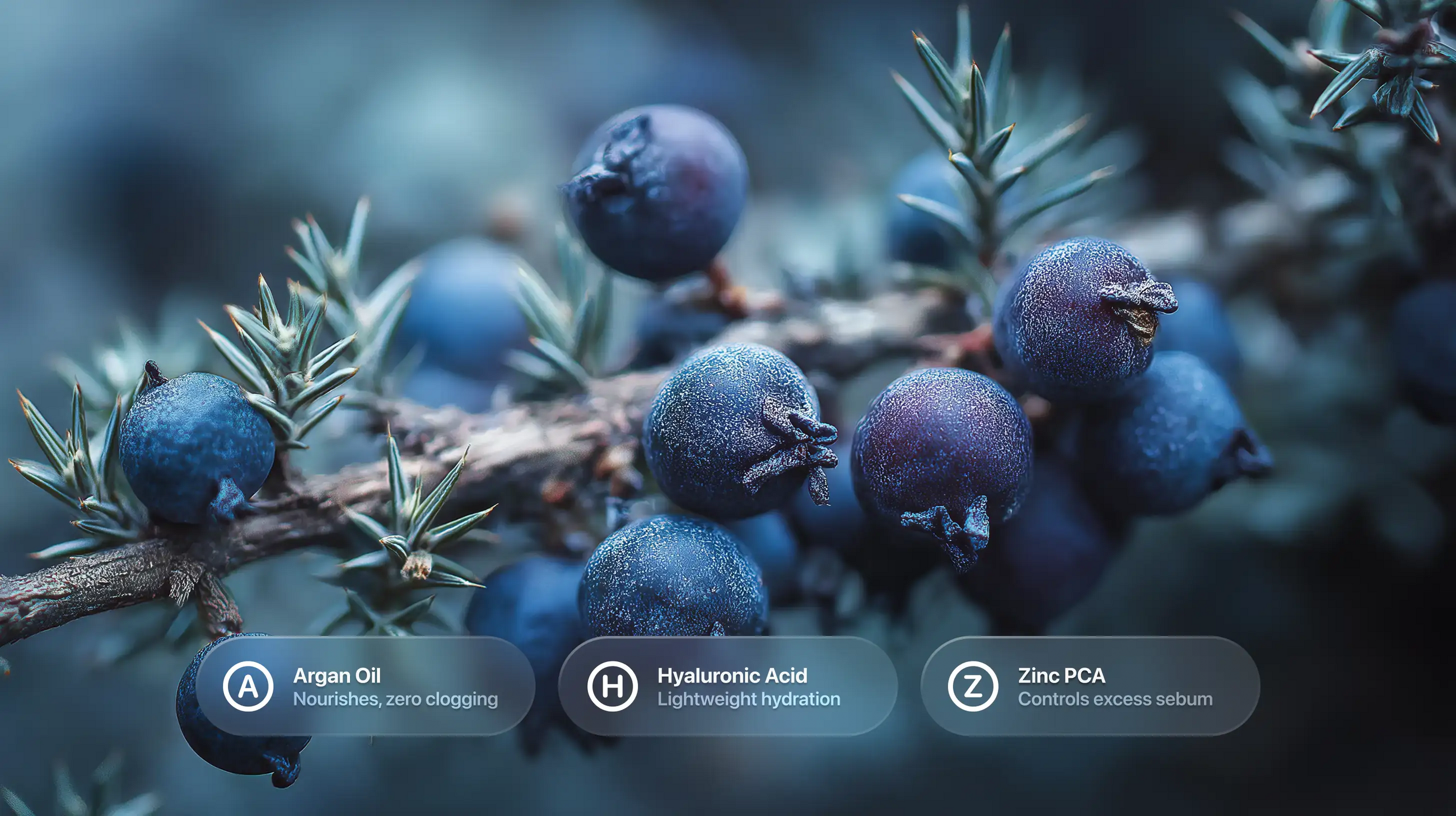 Juniper berries on branch with argan oil, hyaluronic acid and zinc PCA ingredient callouts