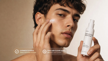 Man blending CALM blemish care moisturizer into cheek, COSMOS certified clean formula callout