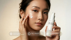 Woman applying CALM blemish moisturizer to cheek, hydrates gently and soothes breakouts callouts