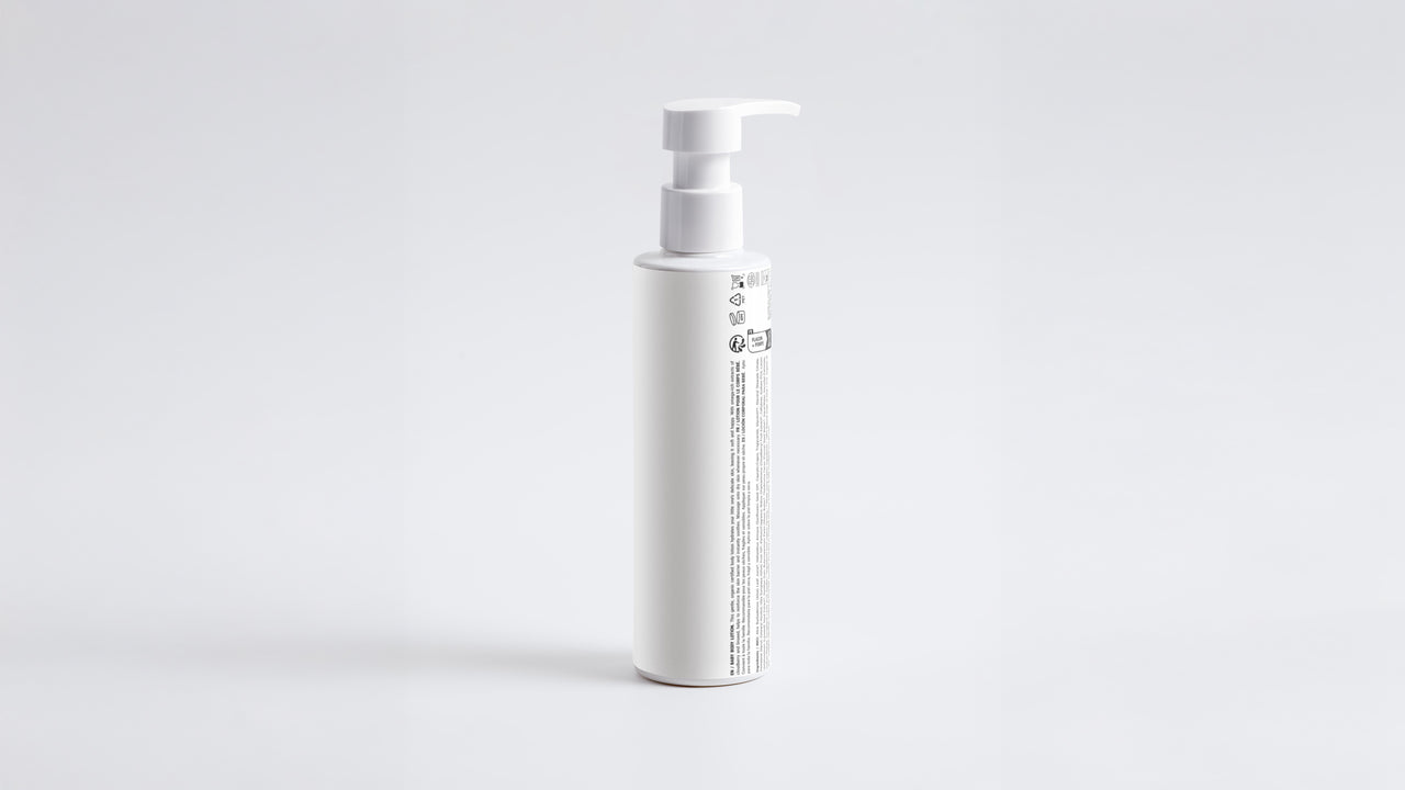 CARE baby body lotion pump bottle back label and side view on white background