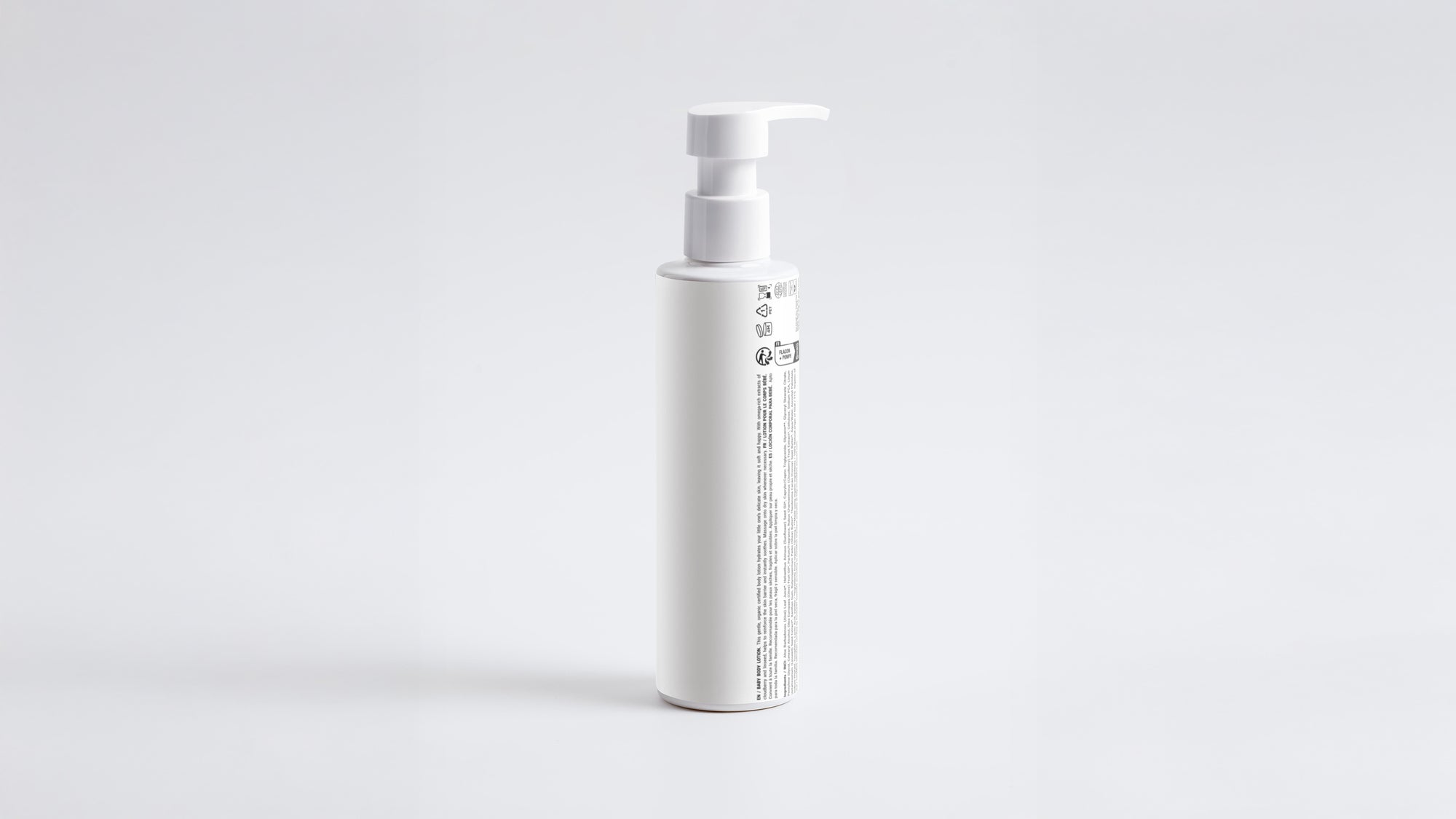 CARE baby body lotion pump bottle back label and side view on white background