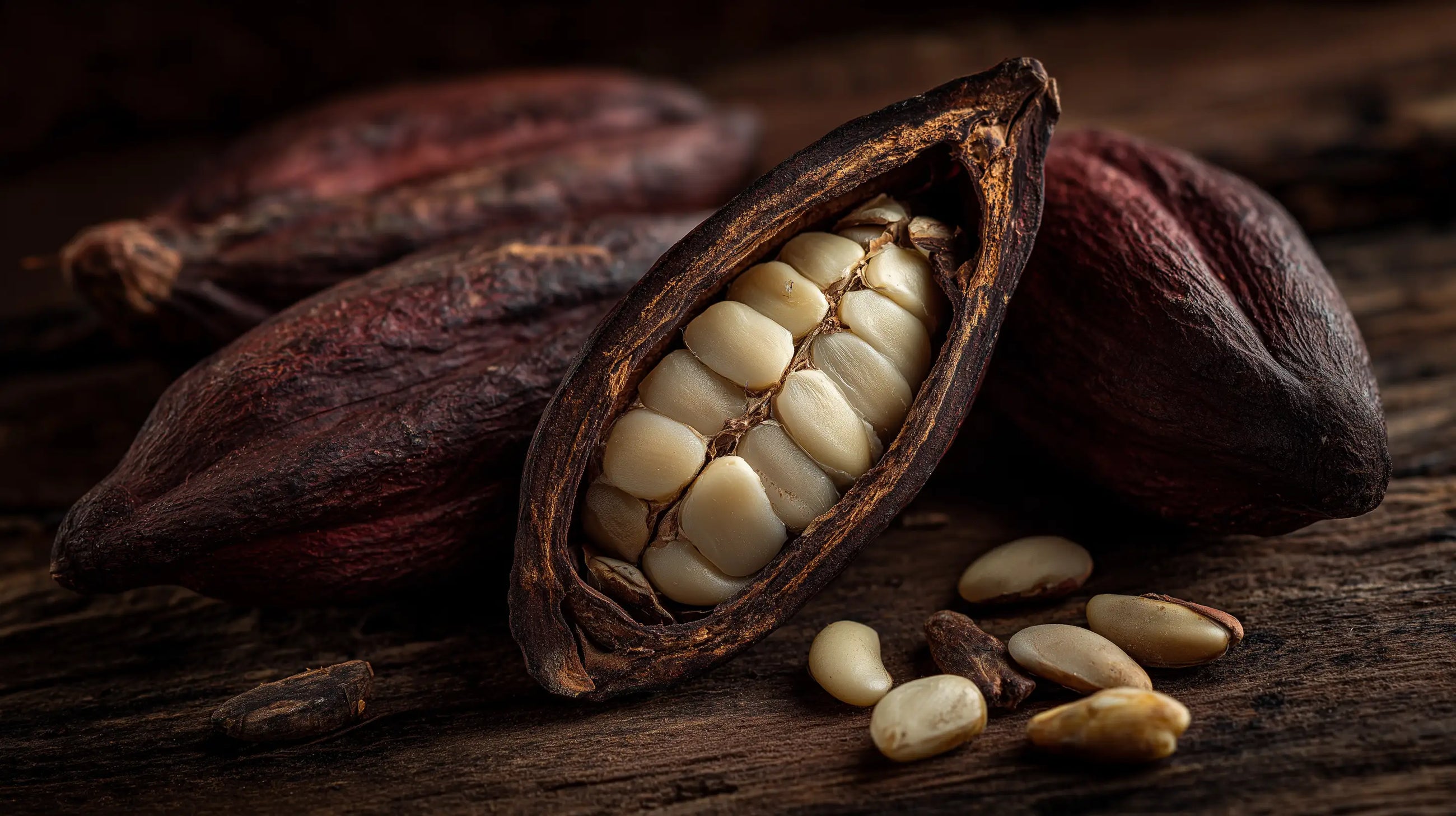Open cacao pod revealing seeds on dark wood, nourishing botanical ingredient in CARE baby body lotion