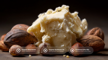 Organic shea butter chunks with almonds and sunflower oil, panthenol Pro-B5 ingredient callouts for CARE lotion