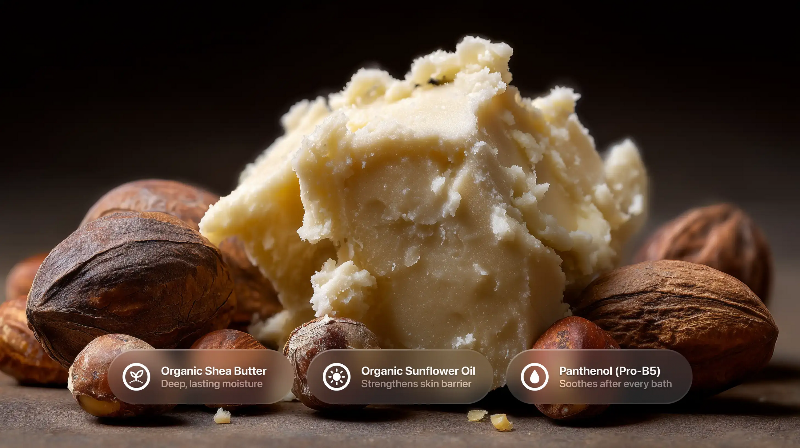 Organic shea butter chunks with almonds and sunflower oil, panthenol Pro-B5 ingredient callouts for CARE lotion